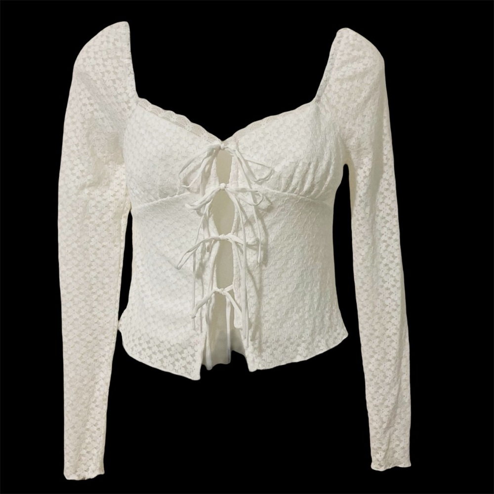 Altar'd State XXS Hallie Front Tie Blouse Cropped Lace Detail Long Sleeve White